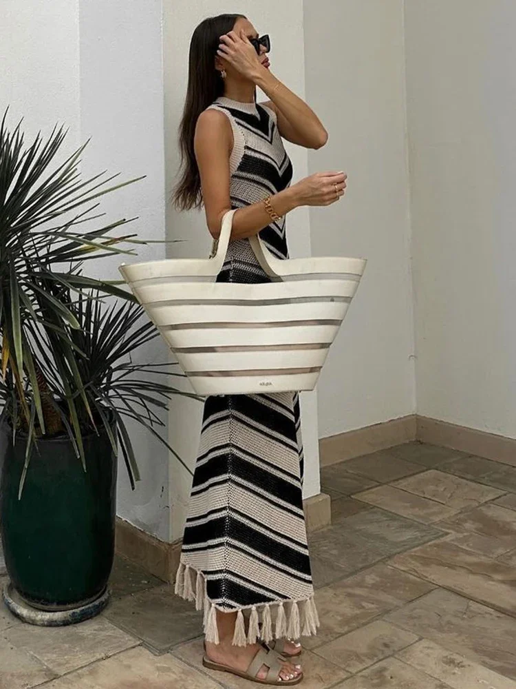 Sexy Tight Striped Tassel Knitted Dress For Women Sleeveless 2024 Summer Fashion Beach Party Evening Long Knitwear Dress