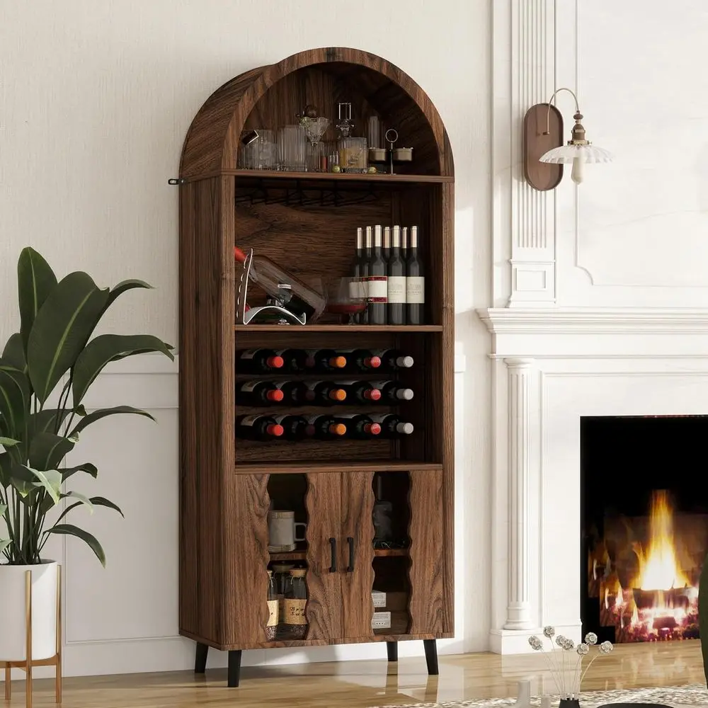 

Arched Door 71 Wine & Liquor Cabinet with Rack and Glass Holder for Home Bar, Living, Dining, Kitchen (Brown)