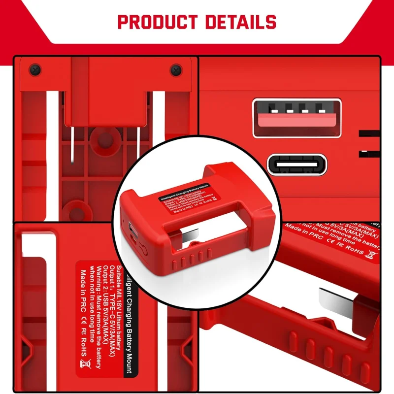 USB Charger Adapter for Milwaukee 18V Battery Power Connector  with USB and Type-C Charging Interface Power Wheel Adapter