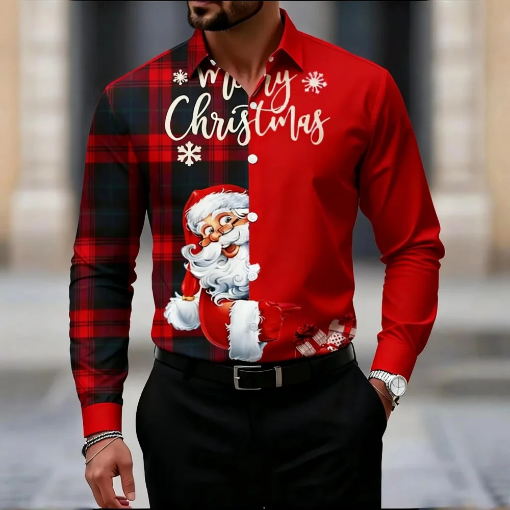 

Men's Santa Claus Christmas Long Sleeve Shirt Reindeer Elk 3D Print Shirt Men Fashion Casual Turndown Tee Shirt Xmas Clothes