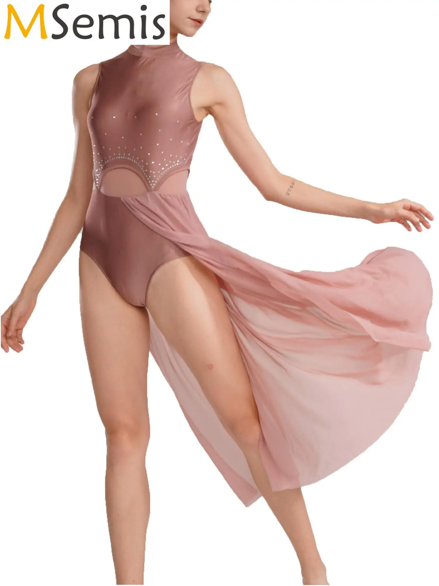 Damen Gymnastik Modern Lyrical Dance Kleid Pailletten Strass Trikot Body Ballett Dancear mit geteiltem Mesh Maxirock