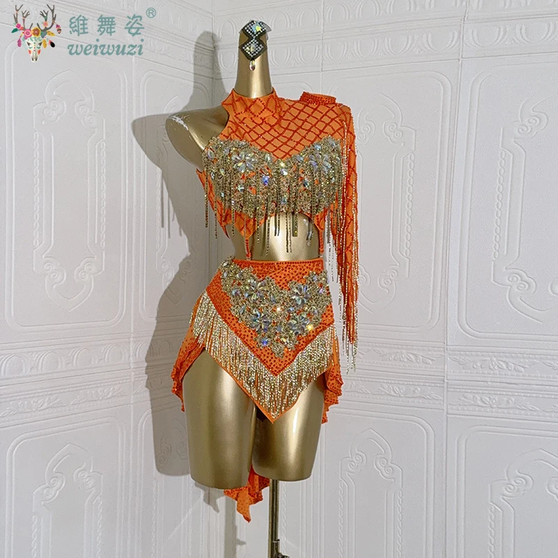 

Latin Dance Dress High-end Custom Hollow AB Stone Tassel Skirt Precisely Tango Women Adult Children Stage Professional Clothing