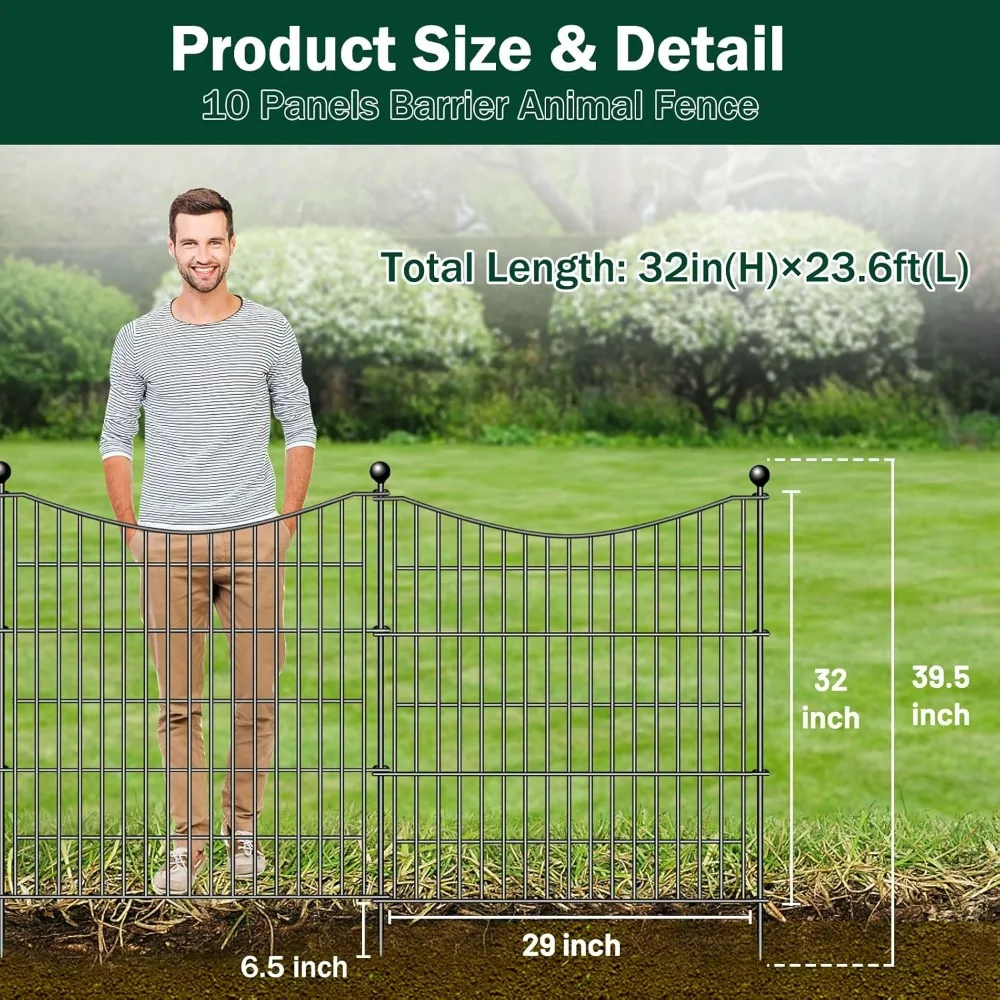 10 Panels No Dig Dog Fence Outdoor for Yard, 32 in(H) X 23.6 ft(L) Decorative Garden Fence Animal Barrier for Dogs,