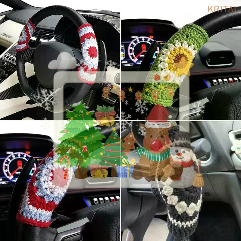 Crochet Steering Wheel Cover Handmade Crochet Fabric Soft Knitted Car Interior Accessories Women Cute Steering Wheel Decor