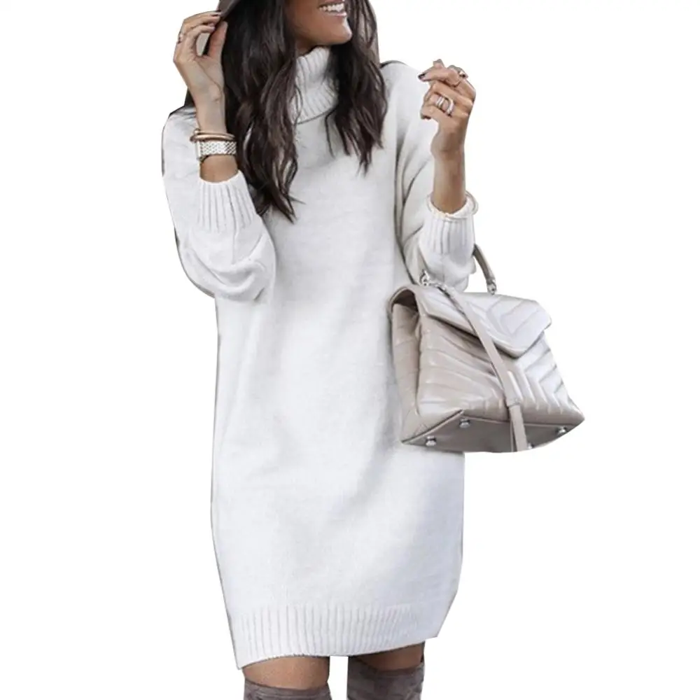 Knee-length Dress Dress Loose Long Sleeve Women Knee-length Autumn Turtleneck Warm Knitted Sweater Dress