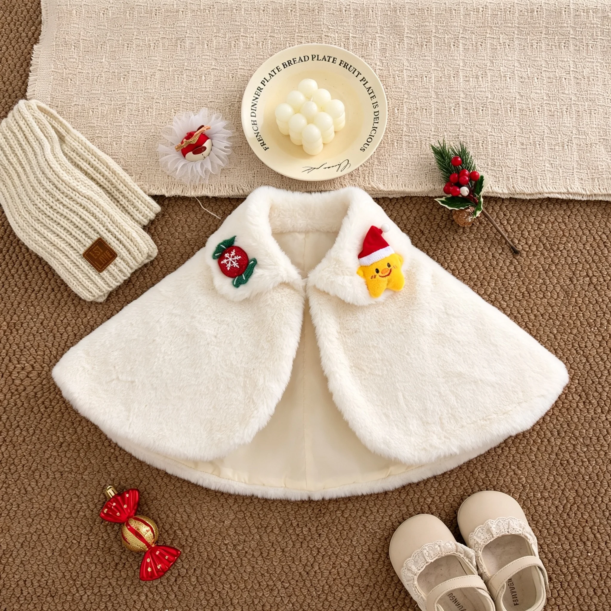 Christmas Winter White Baby Girl Shawl Keep Warm Windproof Cute Cartoon Toddler Coat