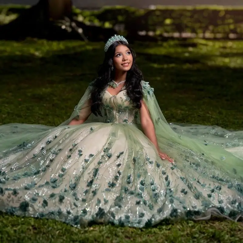 Sage สีเขียว Quinceanera Ball Gown เลื่อมลูกไม้ Applique ดอกไม้ลูกปัดคริสตัล Tull Corset หวาน 16 ชุด Vestidos De 15