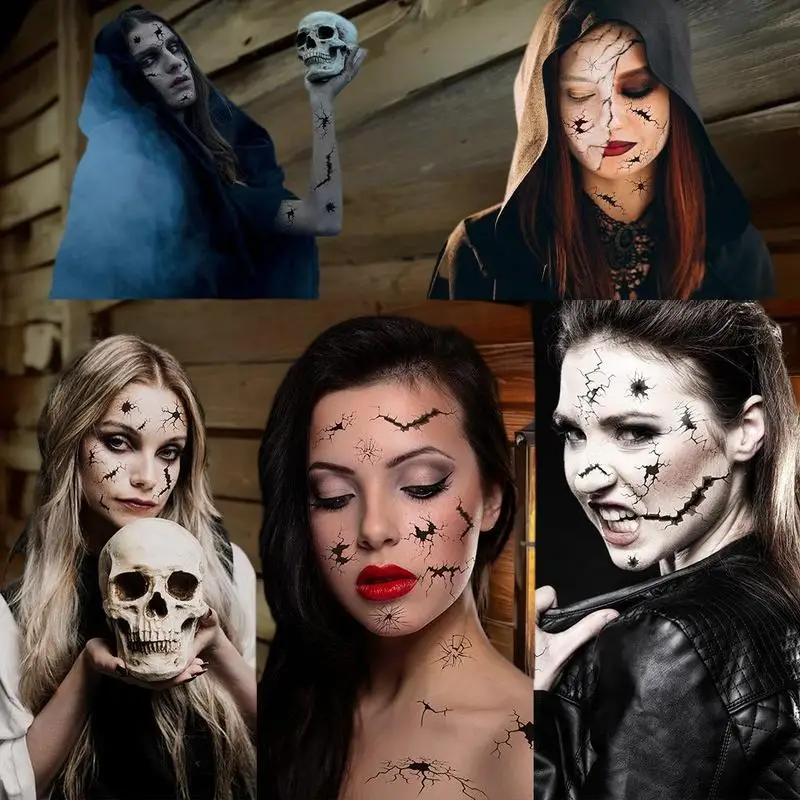 

10 Sheet Halloween Crack Mark Face Sticker Spider Web Temporary Tattoos Black Horror Body Makeup Funny Waterproof Tattoo Sticker