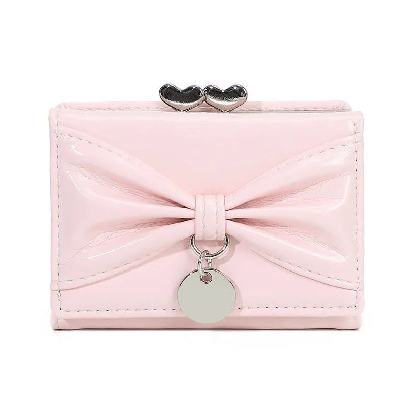 Bow Decor Women Short Wallet Faux Leather Kiss‑lock Purse With Photo Window Multi‑card Slots Coin Pocket Small Clutch Bag