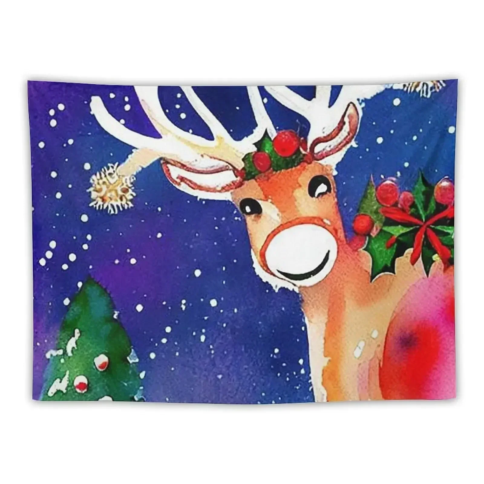 

Happy Festive Reindeer in Watercolor Tapestry Living Room Decoration Aesthetic Room Decor Korean Tapestry