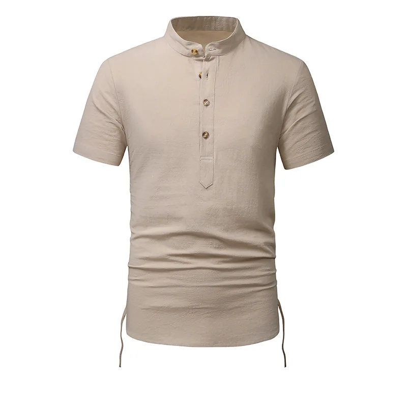 Camicia estiva da uomo a maniche corte in cotone e lino Henry Collar t-Shirt Fashion coulisse Design camicia da spiaggia traspirante maschile Top