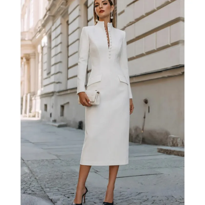 Woman's Elegant Button Half Open Design Midi Dress Spring Autumn Fashion High Waisted Party Dresses Ladies Temperament Vestidos