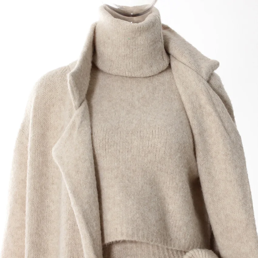 VGH Driedelige set voor dames Opstaande kraag Vest Hoge taille Gesplitste 3D-plooien Minirok met gebreid vest Jas Outfits Dames