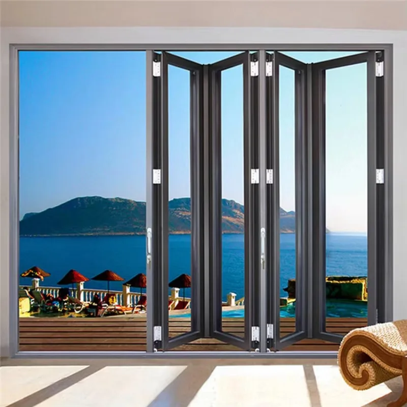 Home Glass Insulated Accordion Wooden Grain Color Partition For Banquet Hall With Grill Design Internal Bi Folding French Door