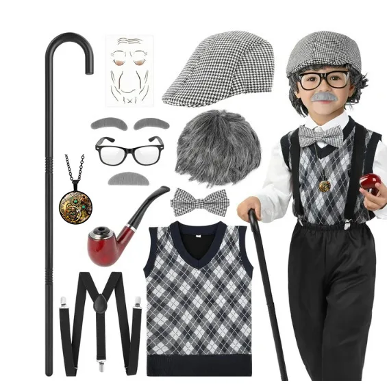 2024 New Kids 100 Days of School Costume for Boys Halloween Old Man Costume Hat Glasses Wig and Grandpa Vest Cane Full Set Child view 5