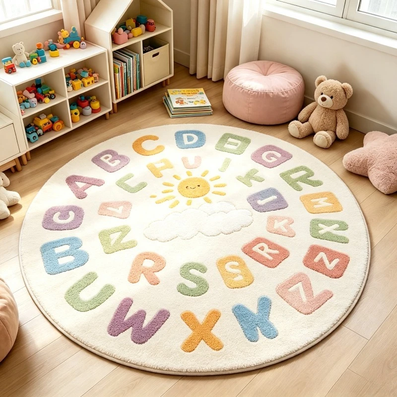 Ins Style Letter Pattern Round Rug Decoration Home Non-slip Fluffy Plush Living Room Carpet Bedroom Bedside Soft Chair Mat 러그