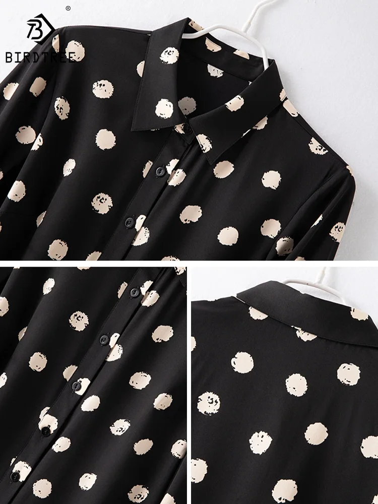 

BirdTree,Long Sleeve Dots Print,91% Mulberry Silk,Shirt for Women,Elegant Fashion OL Blouses,2024 Spring New Tops,T42211QM