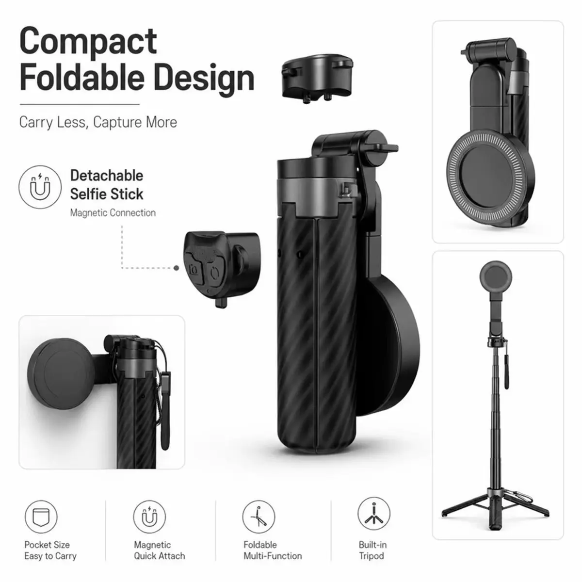 Pocket Dual-Sided Magnetic Selfie Stick Cell Phone Stand Extendable Tripod with Remote Control for Phone Black