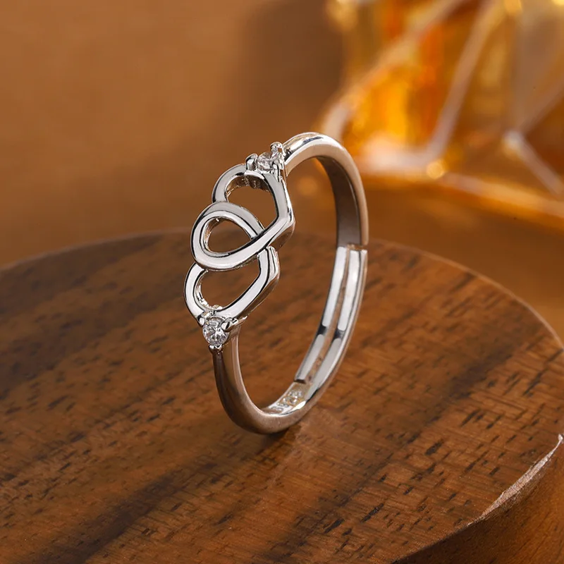 Neue Kleine Frische Herzförmige Kreative Doppel Liebe Hohl 925 Sterling Silber Schmuck Mode Kristall Öffnung Ringe R137