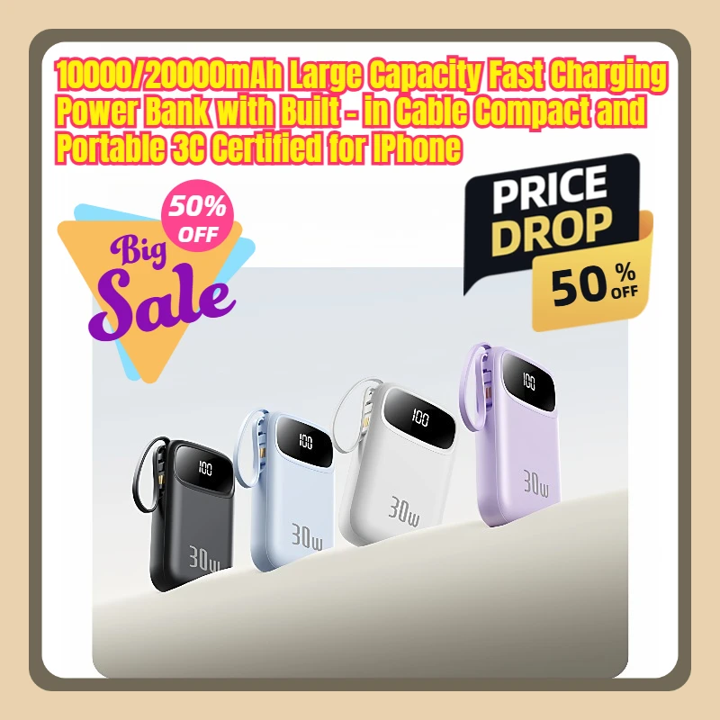 

10000/20000mAh High-capacity Fast-charging Power Bank with Built-in Cable. It's Compact and Portable for IPhone.