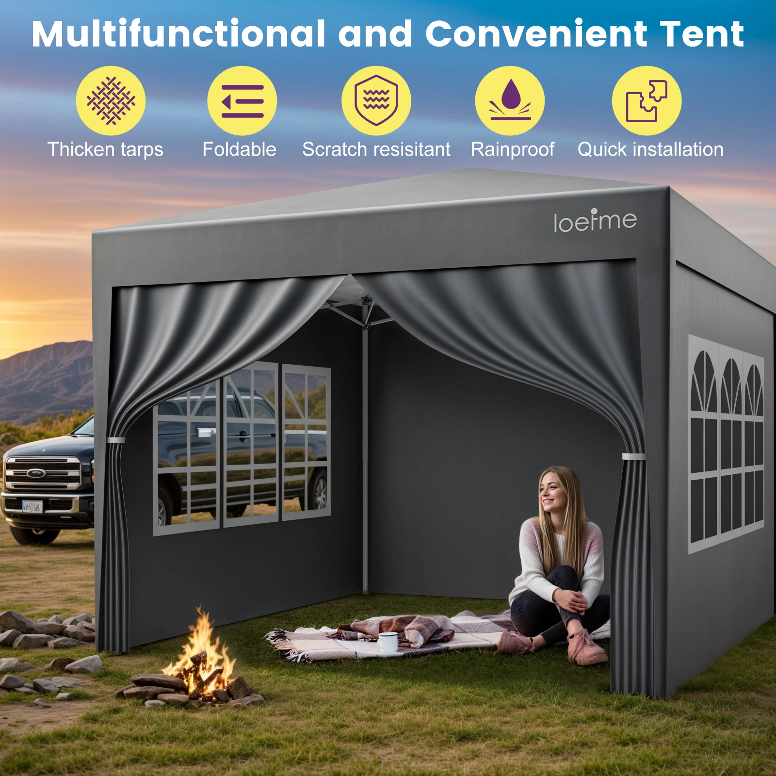 LOEFME Outdoor Tent with Window Tent 6-10p Family Camping Activities Waterproof UV Protection Movable Canopy Gazebo Awning 3x3M