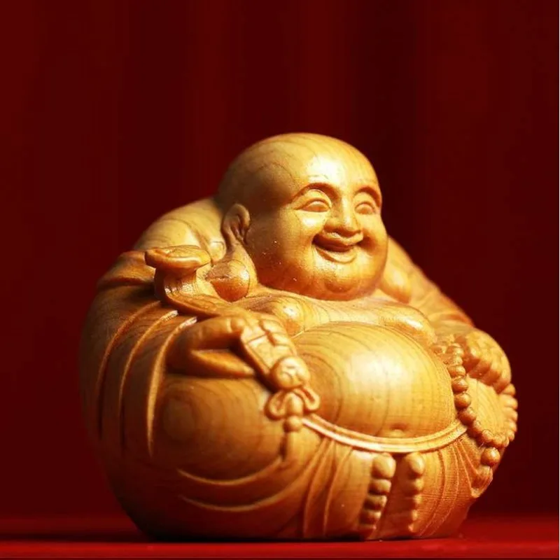 Sandalwood Maitreya Buddha Hand Play Ornament Wooden Laughing Buddha Craft Figurine Car Interior Decor Traditional Collectible
