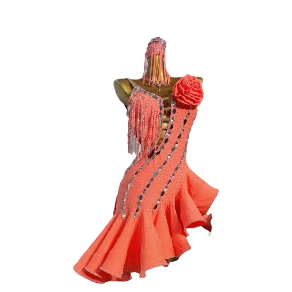 ชุดเต้นรำลาตินระดับมืออาชีพ ชุดสั่งตัดคุณภาพสูง กระโปรงทรงชิปเวฟ สำหรับผู้หญิง ซัมบ้า ผู้ใหญ่ ชุดมาตรฐานสำหรับการแสดงบนเวที