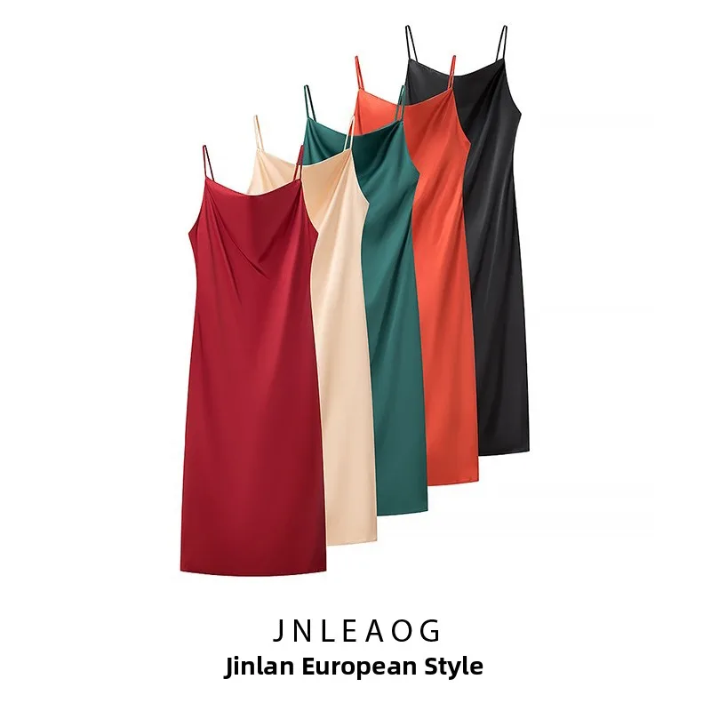 JNLEAOG Jesienna Nowa Modna Sukienka Midi na Ramiączkach z Jedwabiu Satynowego, Damska, Prosty Krój, Podkreślona Talia, Casualowa Sukienka