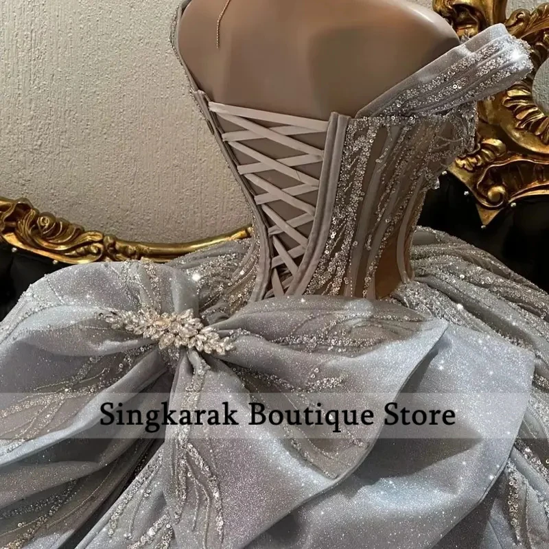 Silver Quinceneara Ball Gown Dresses for Women Sequin Lace Rhinestones Wedding Party 15 Anos Vestido Customized