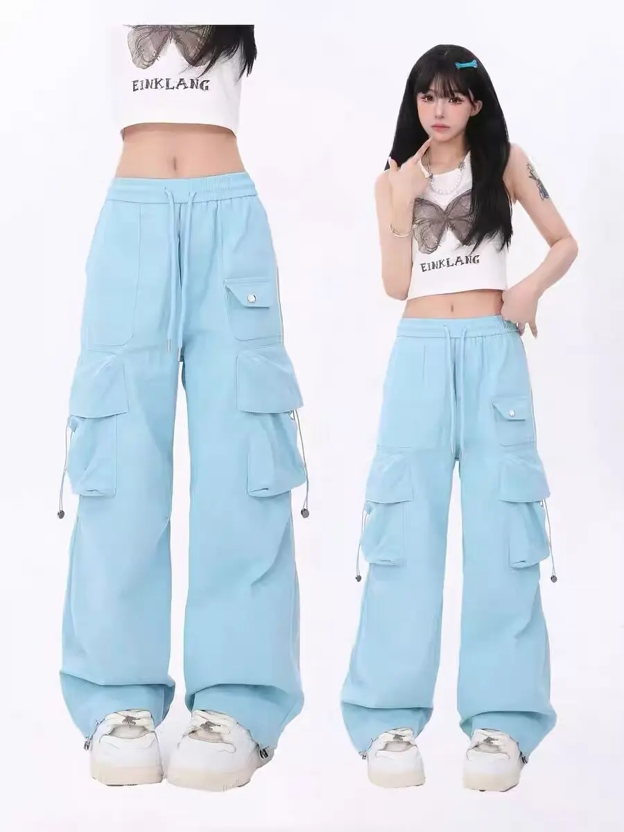 

Blue Korean Fresh Drape Effect High Waist Trouser Fashion Female Summer Baggy Wide Leg Pants Street Classic Women Sweatpants Y2k