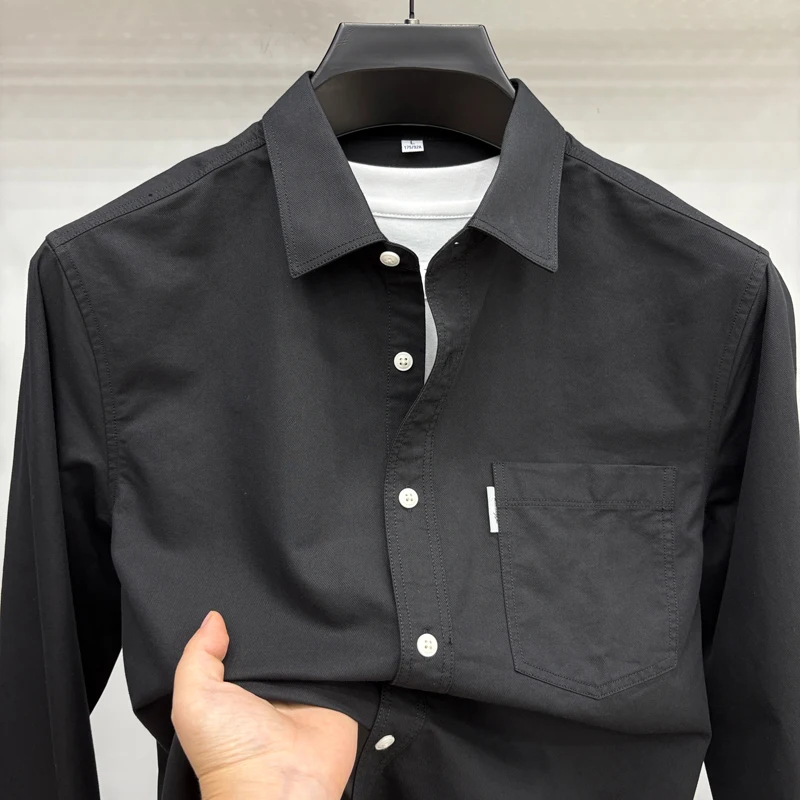 Camisa de lyocell de alta calidad de otoño para hombre, solapa de color sólido, nueva ropa de abrigo de manga larga con bolsillos, tops de moda de ocio para hombre