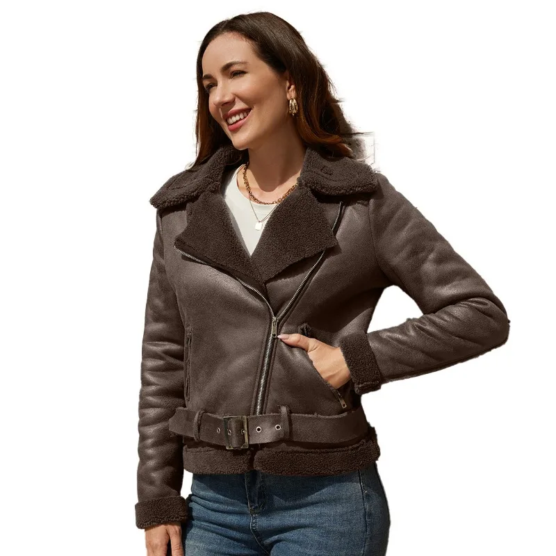 Veste en cuir européenne et américaine pour femme, manteau à revers avec ceinture, 2024 fourrure, One Warm Ladies, automne et hiver