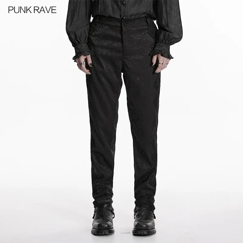 PUNK RAVE Men's Gothic Dark Jacquard Pants 3D Baroque Floral Pattern Luxurious Lace Decorations Party Club Trousers Men Clothing