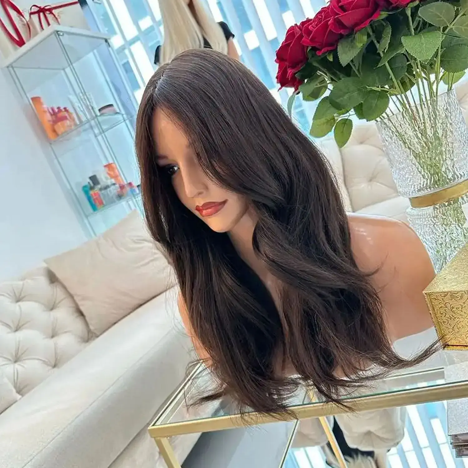 Peluca de buena calidad, longitud media, onda suelta, marrón oscuro, 13x4HD, encaje sintético, fibra Premium, resistente al calor, para mujeres, uso diario