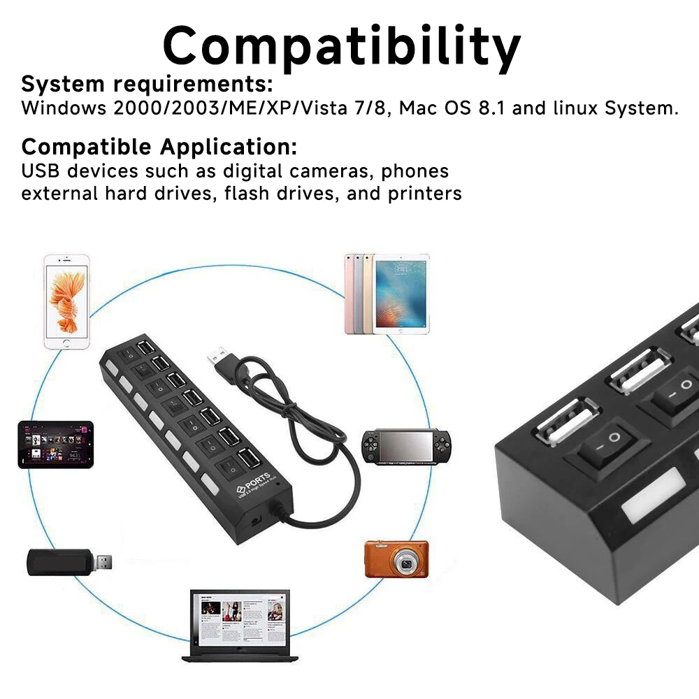 USB HUB 2.0 4/7 Port Multiple Expander USB 2.0 Hub with Switch LED Multi USB Splitter Hub Use Power Adapter Computer Accessory