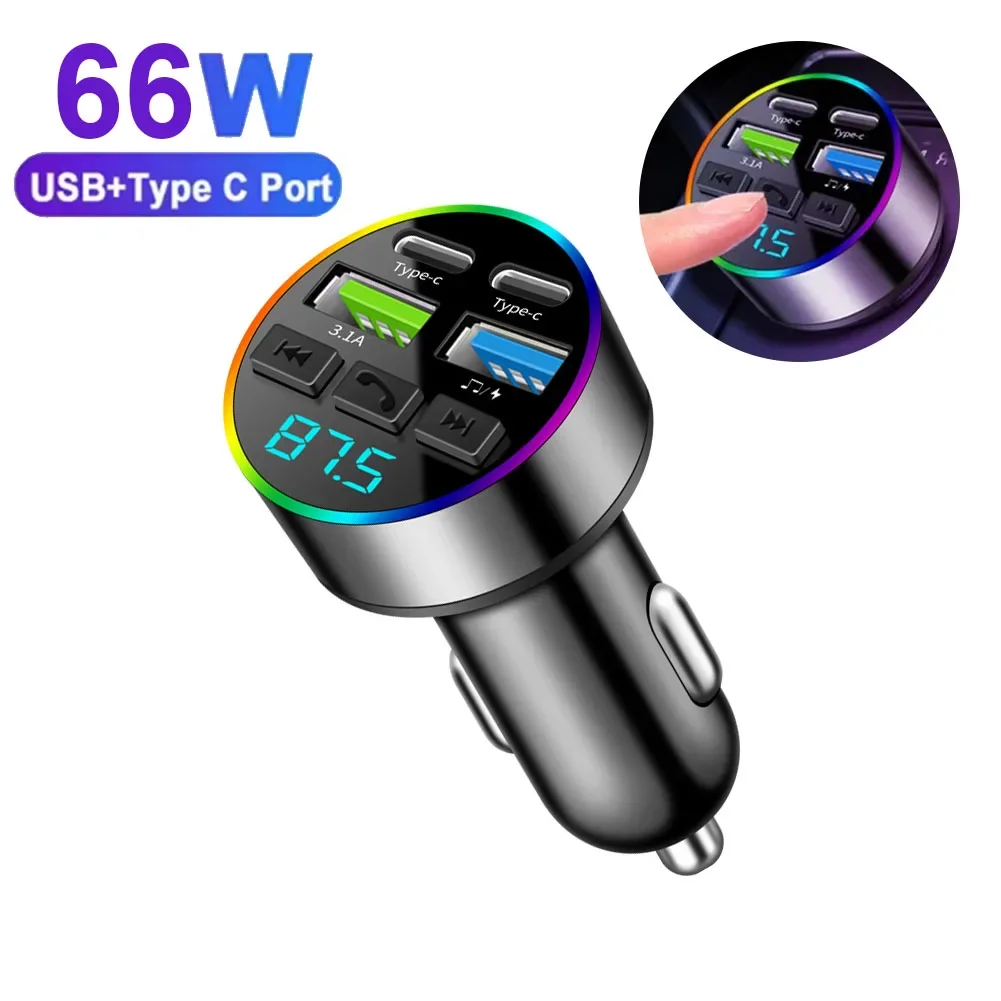 Digitalanzeige Zigarettenanzünder Autoladegerät Dual USB Typ C Multifunktionaler Bluetooth FM Sender Empfänger MP3-Player