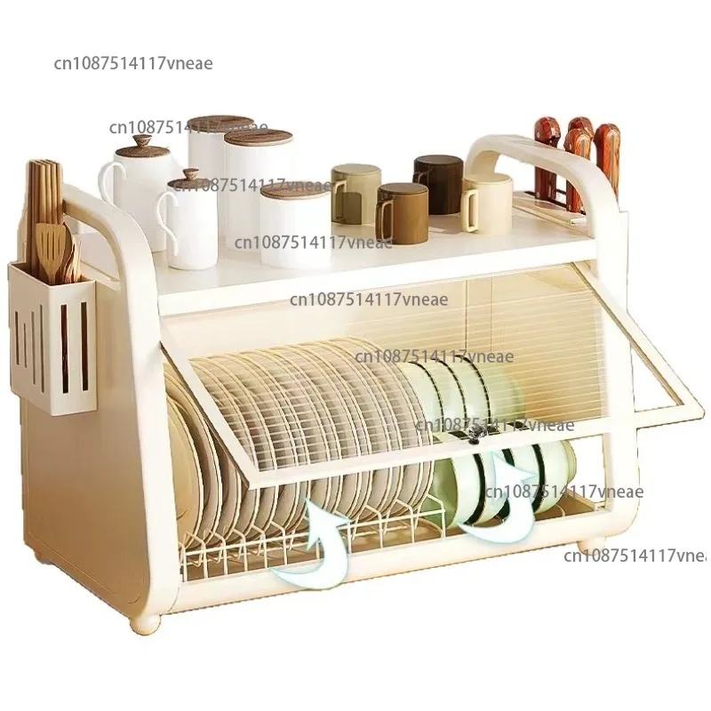 Kitchen Dish Storage Cabinet with Door Countertop Homeware Cupboard Bowl & Utensil Box Knife Holder Drain Rack Shelving Unit