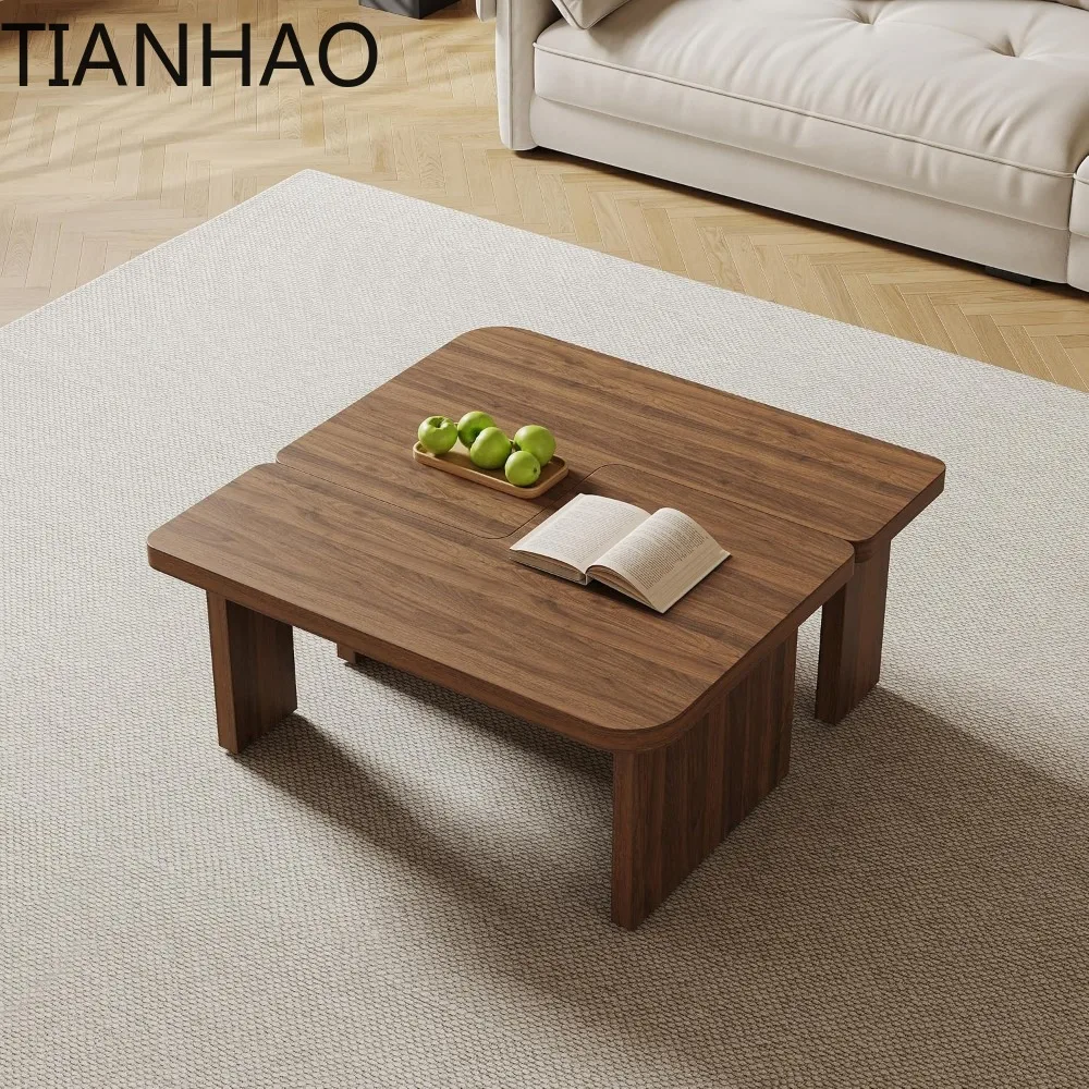 Mid Century Modern Coffee Table for Living Room, Wood Coffee Table with Free Adjustable Shape, Square Living Room Table Minimali