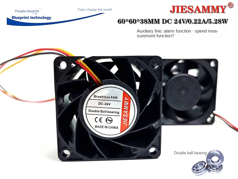 

Новый Jiesammy 6038 6 см двойной шар 24v0.22a Функция измерения скорости сигнализации Частотный преобразователь охлаждающий вентилятор 60*60*38 мм