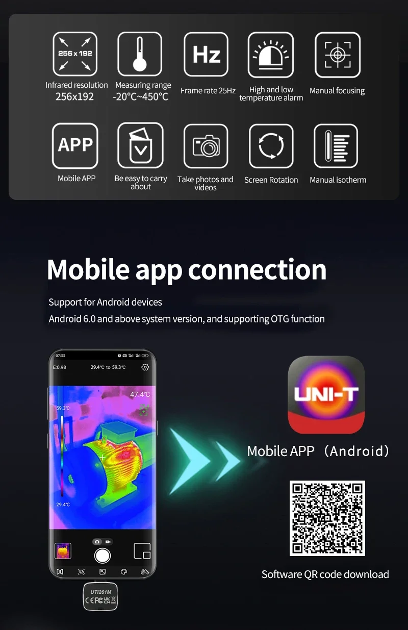 Termocamera UNI-T per telefono Android Termocamera a infrarossi UTI261M per smartphone Termocamera 256x192 Pixel