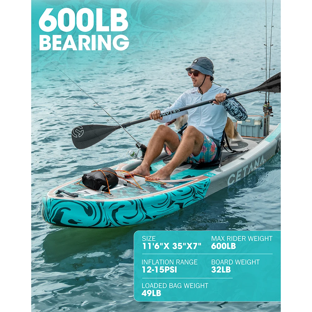 CETANA SUP مقاوم للماء لوح مجداف قابل للنفخ 11'6'x35'x7' نمط قائم مائي مع ملحقات الصيد لوح فرعي