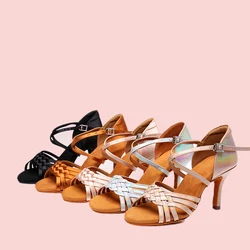 Zapatos de baile latino para mujer adulta, zapatillas trenzadas de cuero PU colorido, satén, baile de salón, Rumba, Chacha