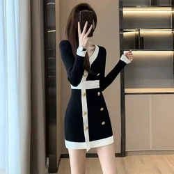 High Quality Luxury Female Knit Dress V Neck White Women's Crochet Dresses Black Vintage Kpop Hot Xxl Curvy Autumn and Winter X