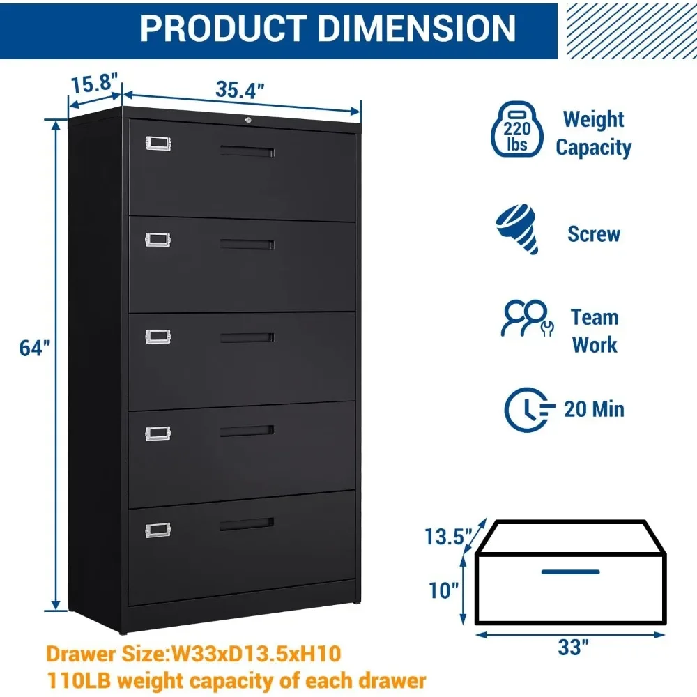 Szafka na akta z 5-szufladami - Metalowe stalowe szafki napełniające do domowego biura - Zamykana szafka do przechowywania na wiszące pliki