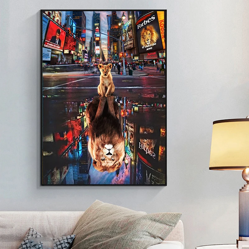 

City Street Little Lion Reflection Big Lion Poster Inspirational Wall Art Canvas Painting Picture Prints Living Room Home Decor