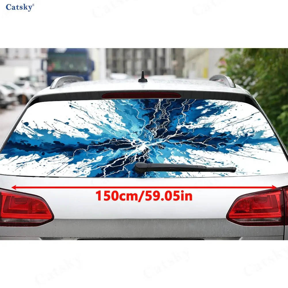 Blue Tone Splatter Lightning Pattern PVC Perforated Car Rear Window Vinyl Wraps, Durable Waterproof Car Rear Windshield Sticker