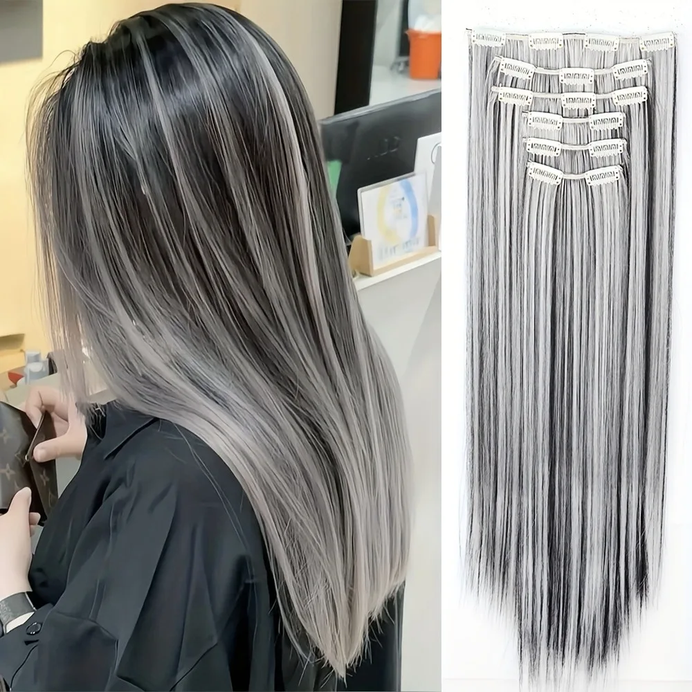 24 Inch Clip-in Long Straight Synthetic Hair Extensions, 6 Pieces Set, 140g Thick Hair Pieces, Natural Soft Synthetic Fiber, Dou