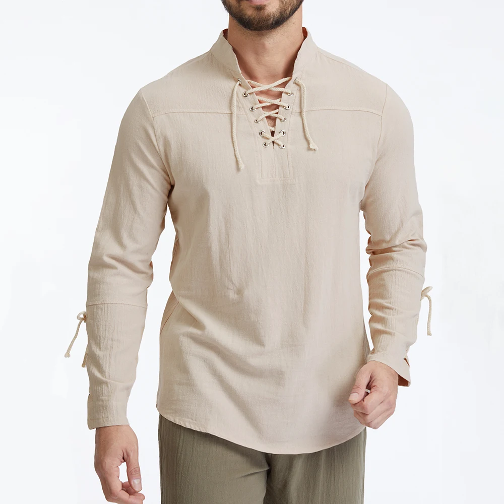 Men's Vintage Shirt Cotton Linen Breathable Lightweight Solid Color Stylish Tops Gothic Style Fashion Henley Neck Drawstring Top