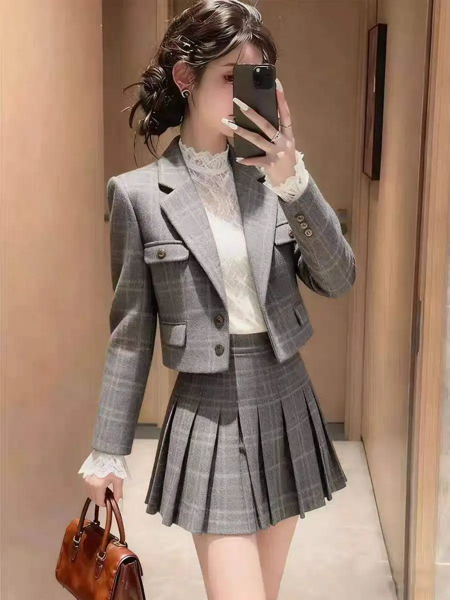 Harajuku Retro Old Money Grey Plaid Suit Set Women New Winter Slim Short Blazer Mini Pleated Skirt British Preppy Chic Outfits