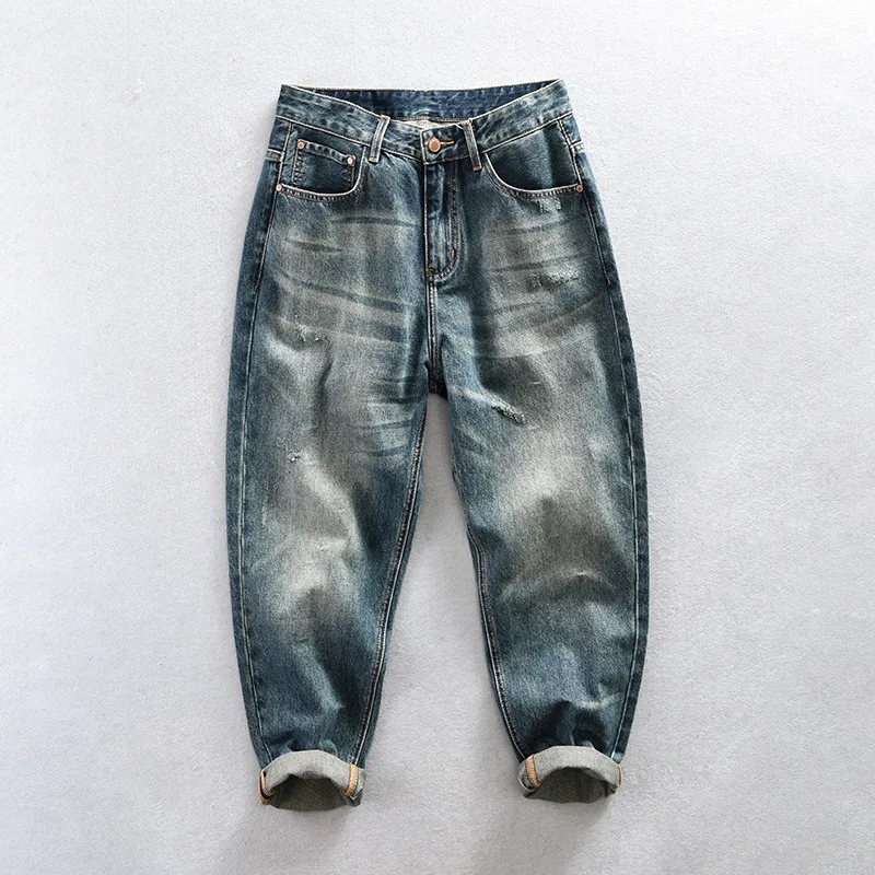 Vintage Washed Blue Jeans for Men High Street Baggy Jeans Causal Cotton Straight Jeans Y2k Streetwear Fashion Denim Pants Man